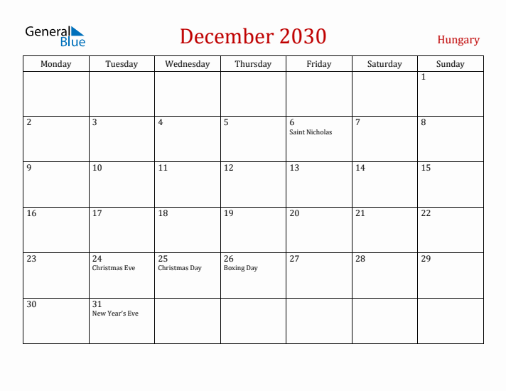 Hungary December 2030 Calendar - Monday Start