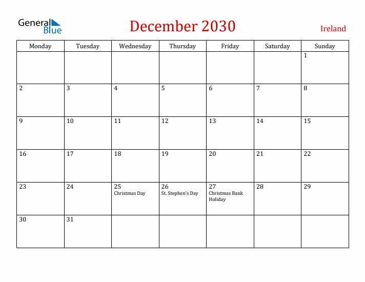 Ireland December 2030 Calendar - Monday Start