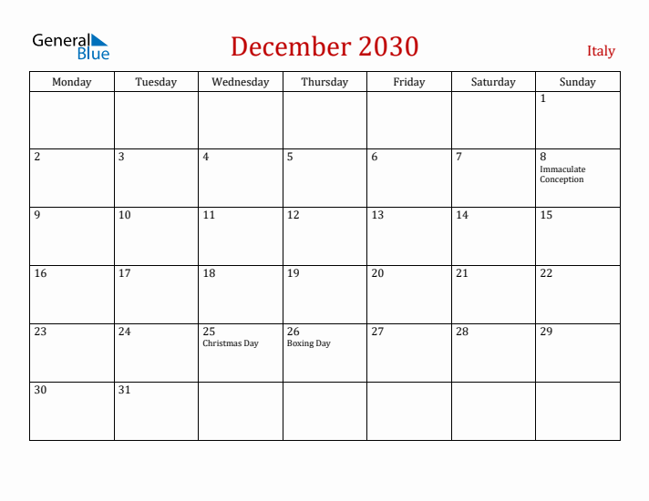 Italy December 2030 Calendar - Monday Start