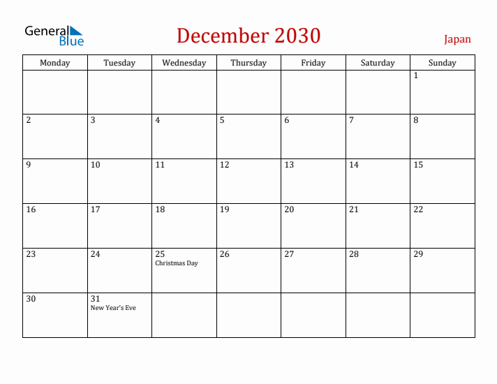 Japan December 2030 Calendar - Monday Start