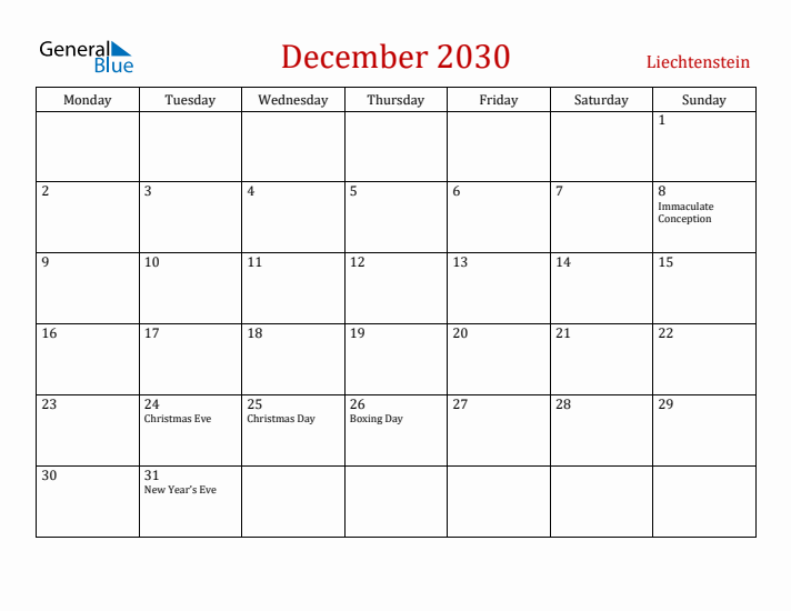 Liechtenstein December 2030 Calendar - Monday Start