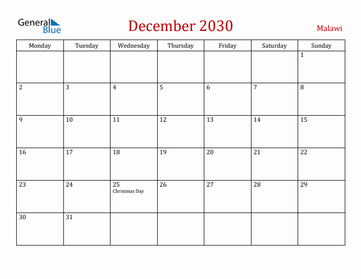 Malawi December 2030 Calendar - Monday Start