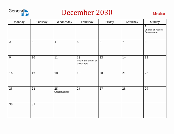 Mexico December 2030 Calendar - Monday Start