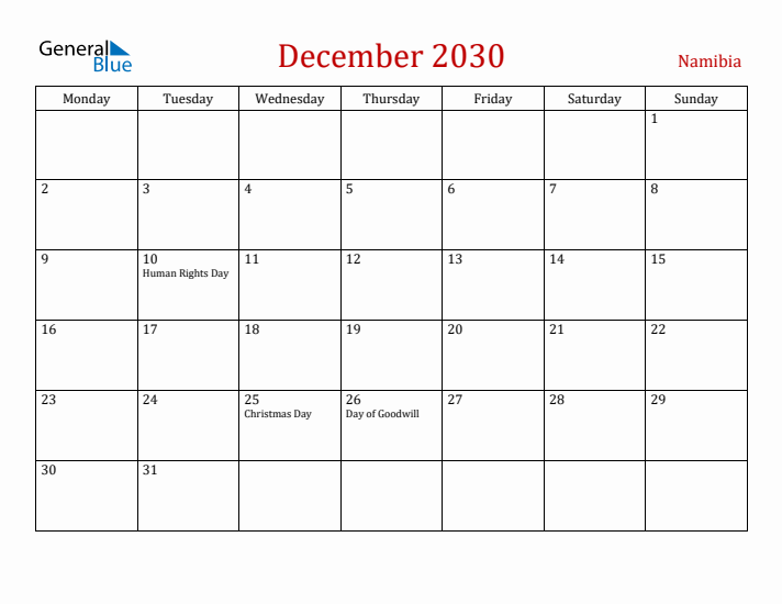 Namibia December 2030 Calendar - Monday Start