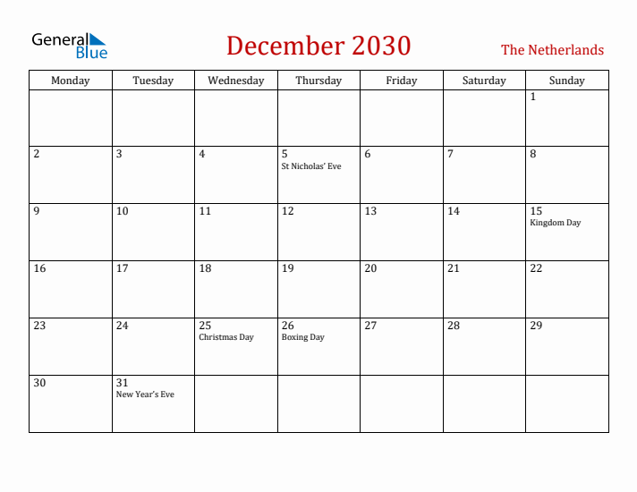 The Netherlands December 2030 Calendar - Monday Start