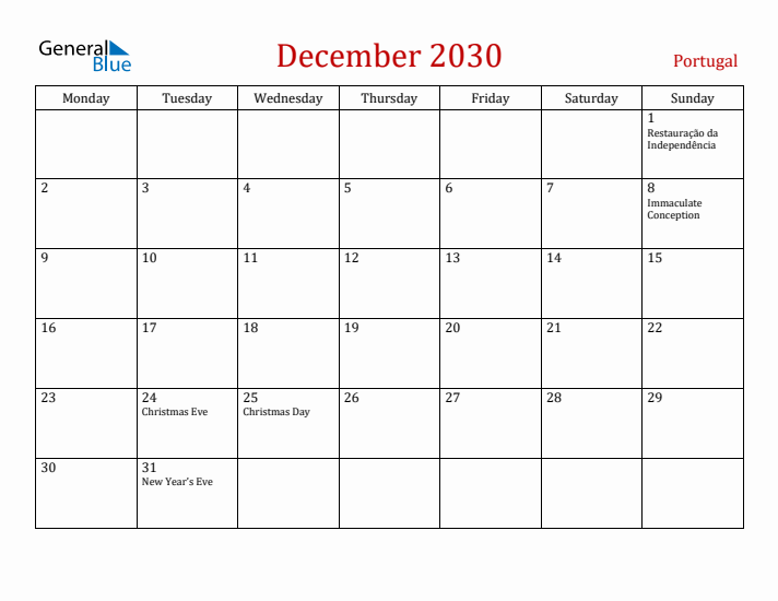 Portugal December 2030 Calendar - Monday Start