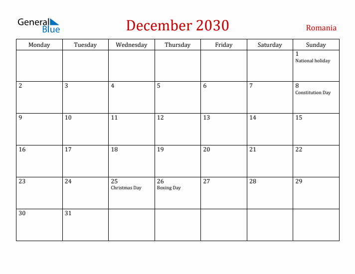 Romania December 2030 Calendar - Monday Start