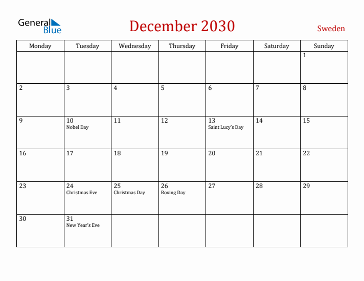Sweden December 2030 Calendar - Monday Start