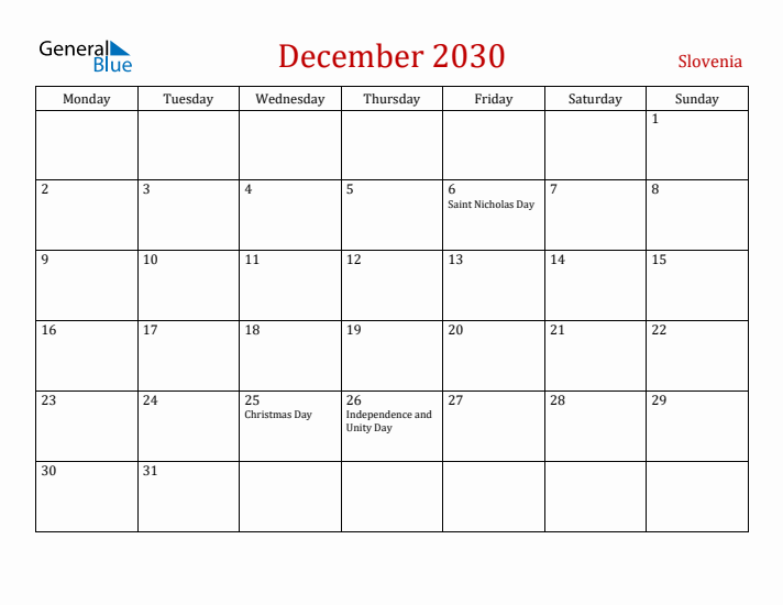 Slovenia December 2030 Calendar - Monday Start