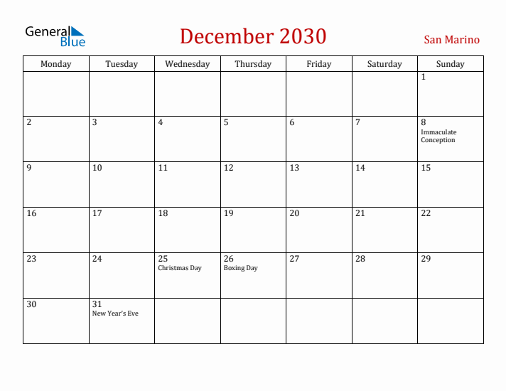 San Marino December 2030 Calendar - Monday Start
