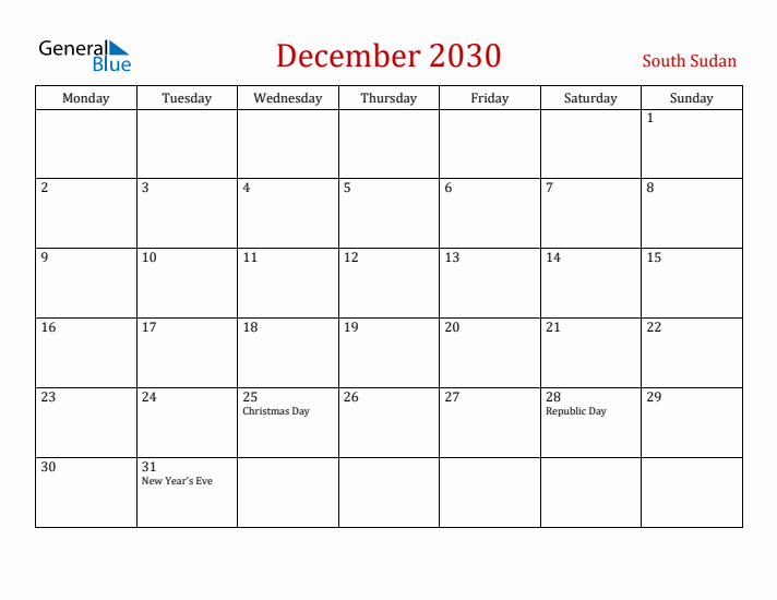 South Sudan December 2030 Calendar - Monday Start