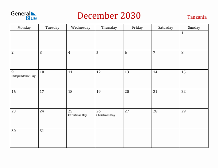 Tanzania December 2030 Calendar - Monday Start