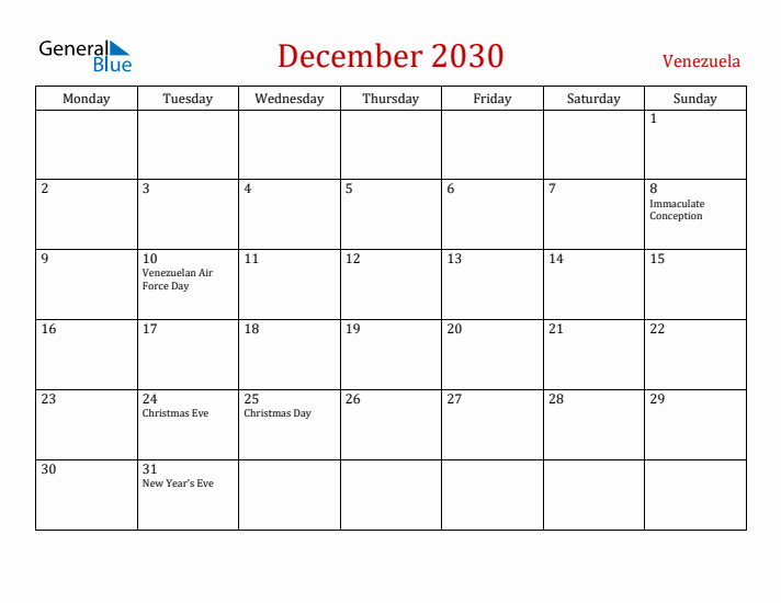 Venezuela December 2030 Calendar - Monday Start