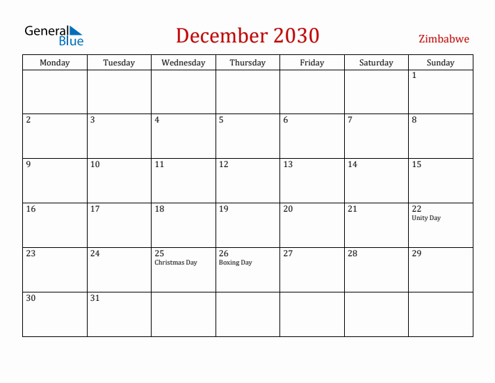 Zimbabwe December 2030 Calendar - Monday Start