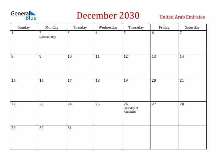 United Arab Emirates December 2030 Calendar - Sunday Start