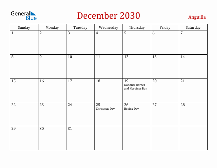 Anguilla December 2030 Calendar - Sunday Start