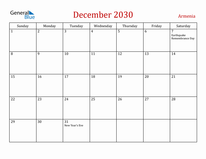 Armenia December 2030 Calendar - Sunday Start
