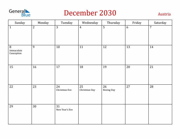Austria December 2030 Calendar - Sunday Start
