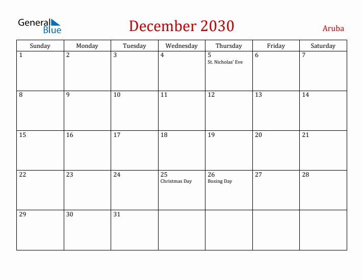 Aruba December 2030 Calendar - Sunday Start