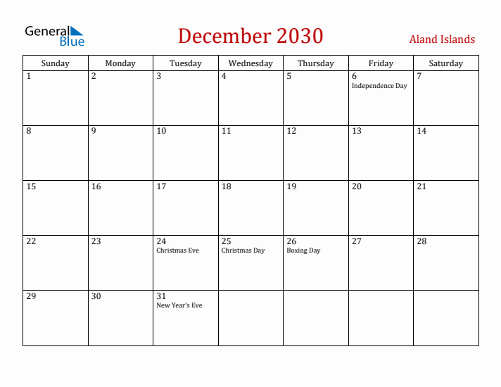 Aland Islands December 2030 Calendar - Sunday Start