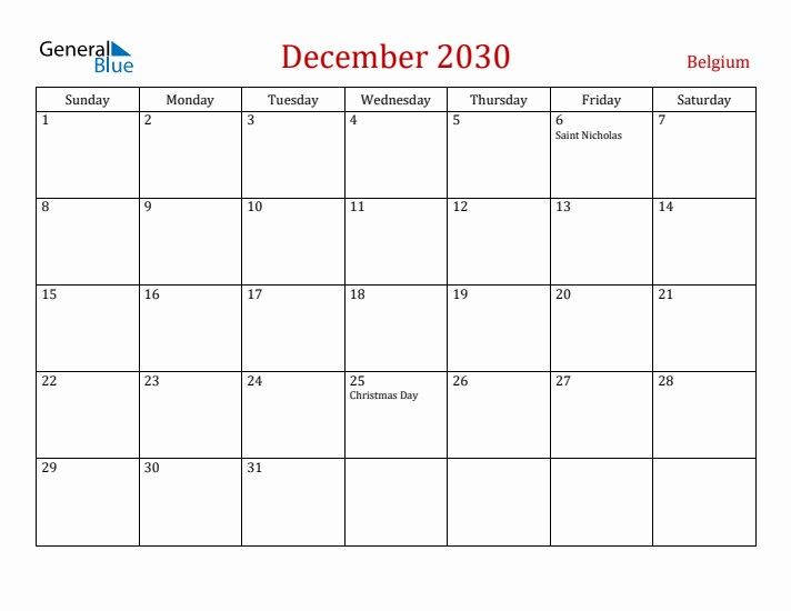 Belgium December 2030 Calendar - Sunday Start