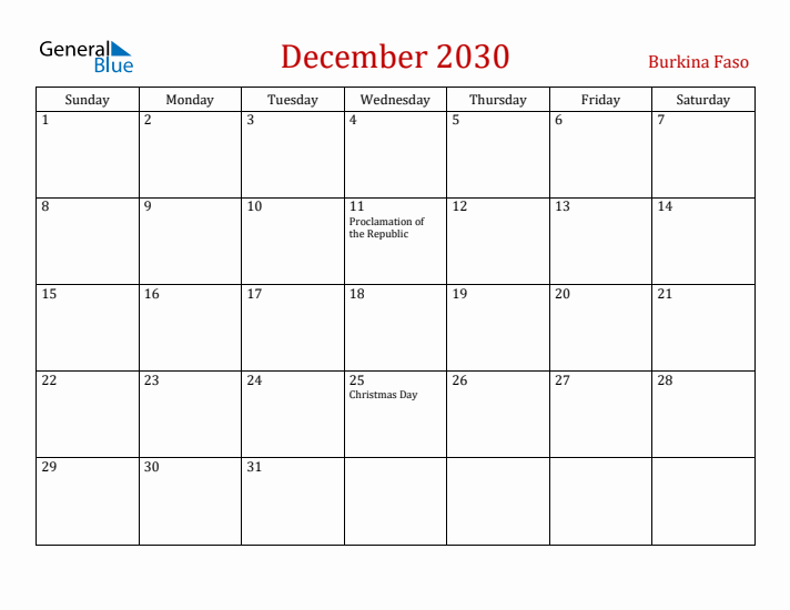 Burkina Faso December 2030 Calendar - Sunday Start