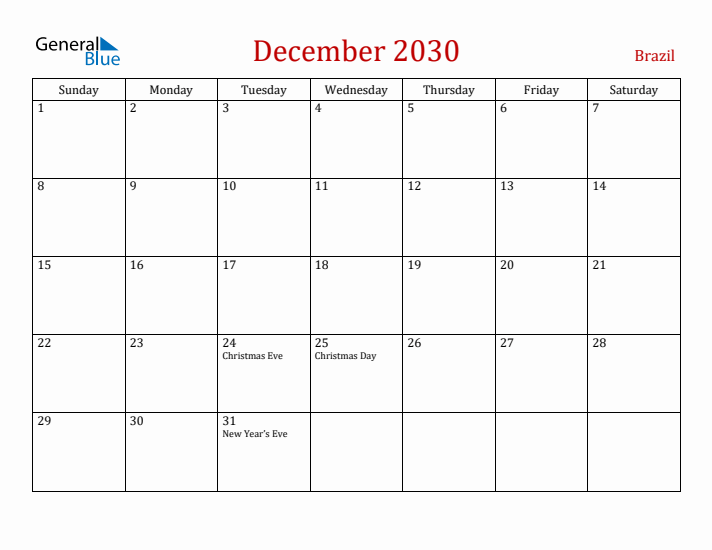 Brazil December 2030 Calendar - Sunday Start
