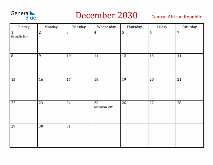 Central African Republic December 2030 Calendar - Sunday Start