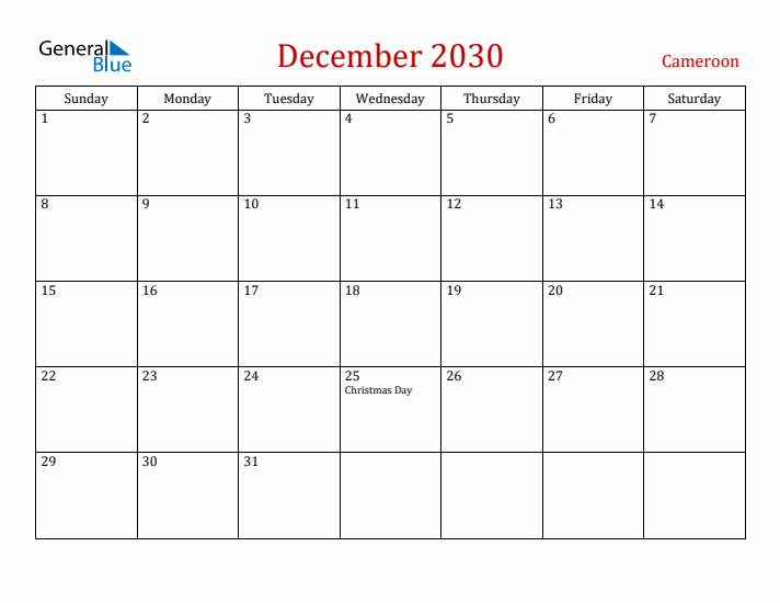 Cameroon December 2030 Calendar - Sunday Start