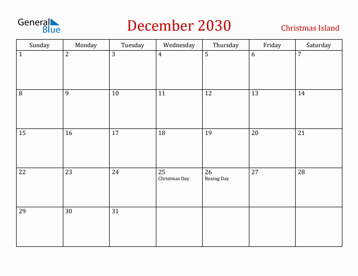 Christmas Island December 2030 Calendar - Sunday Start