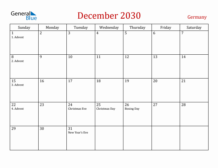 Germany December 2030 Calendar - Sunday Start