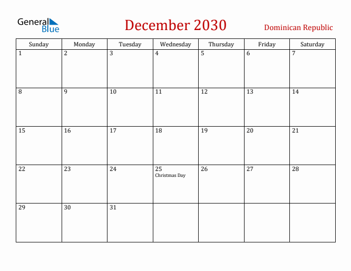 Dominican Republic December 2030 Calendar - Sunday Start