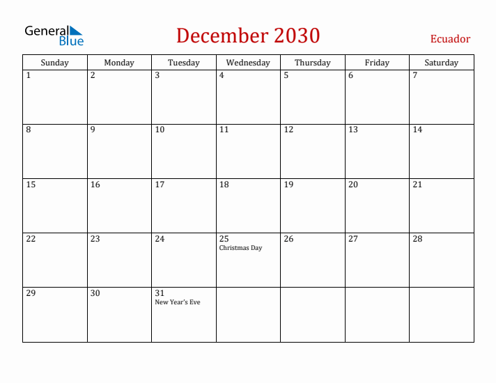 Ecuador December 2030 Calendar - Sunday Start