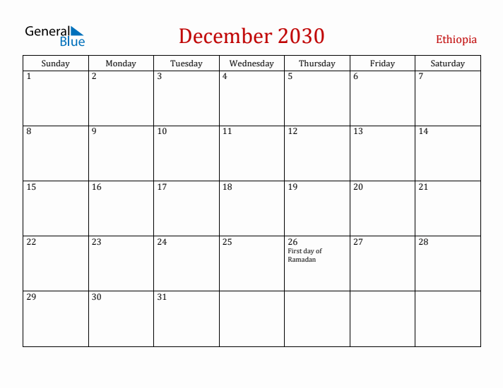 Ethiopia December 2030 Calendar - Sunday Start