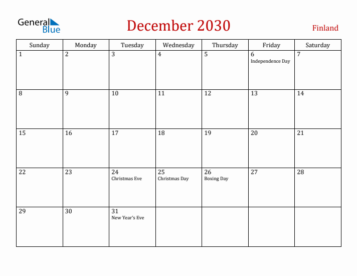 Finland December 2030 Calendar - Sunday Start