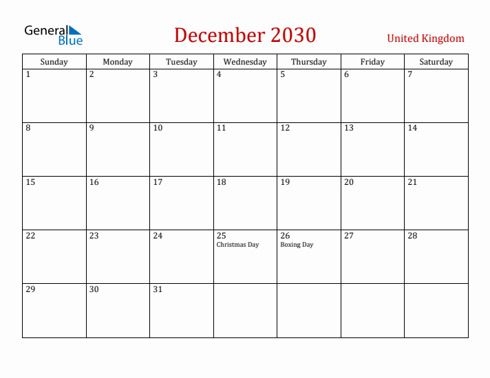 United Kingdom December 2030 Calendar - Sunday Start