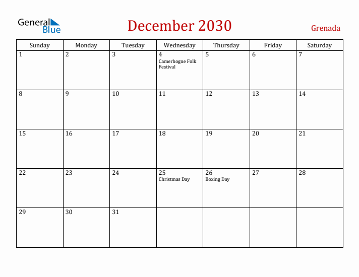 Grenada December 2030 Calendar - Sunday Start