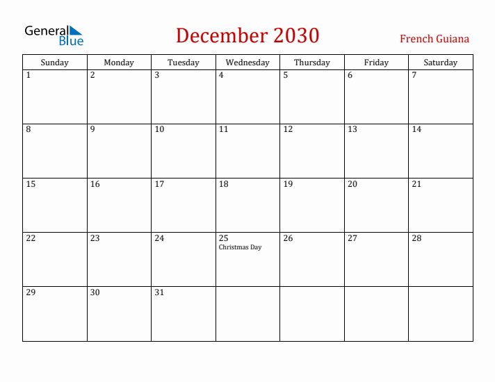 French Guiana December 2030 Calendar - Sunday Start