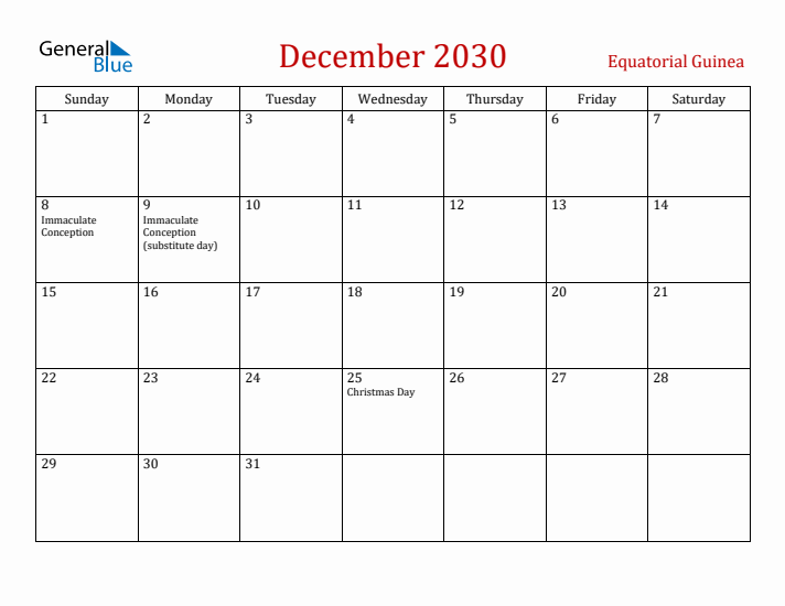 Equatorial Guinea December 2030 Calendar - Sunday Start