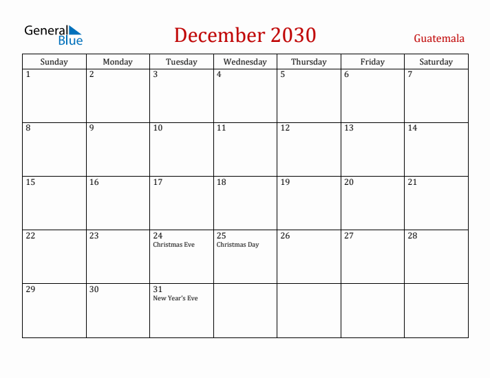Guatemala December 2030 Calendar - Sunday Start