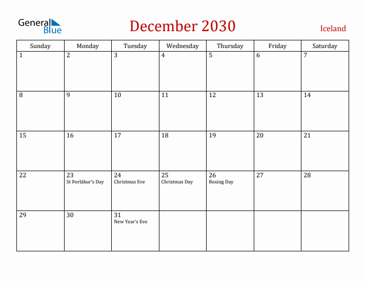 Iceland December 2030 Calendar - Sunday Start