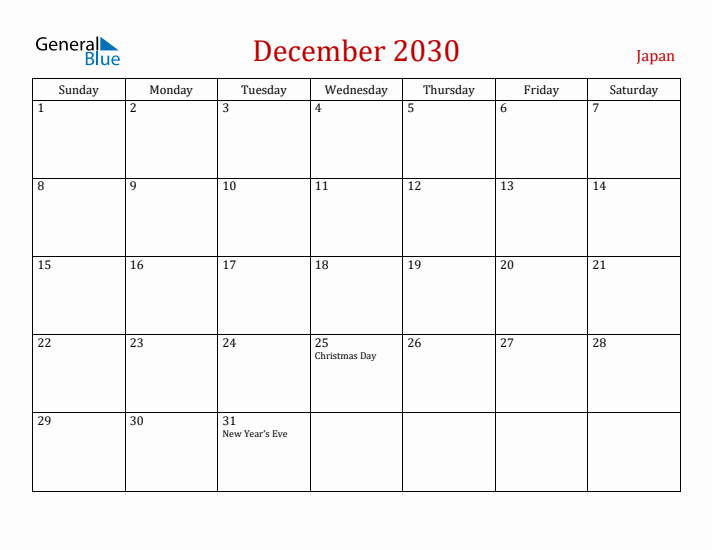Japan December 2030 Calendar - Sunday Start