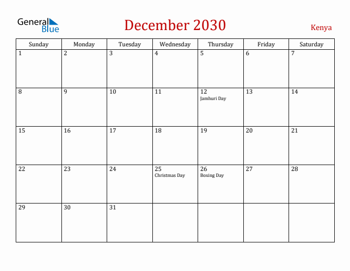 Kenya December 2030 Calendar - Sunday Start