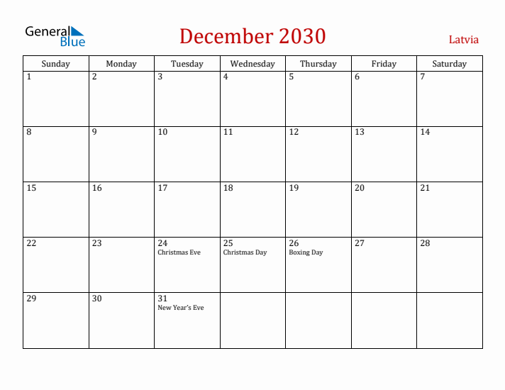 Latvia December 2030 Calendar - Sunday Start