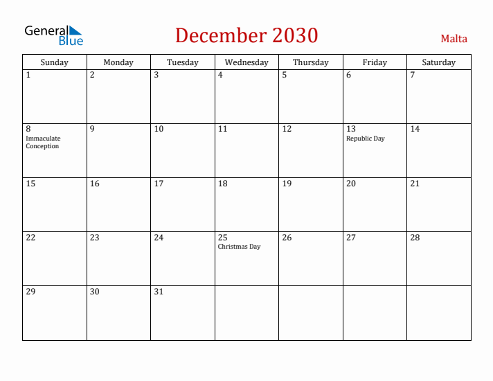 Malta December 2030 Calendar - Sunday Start