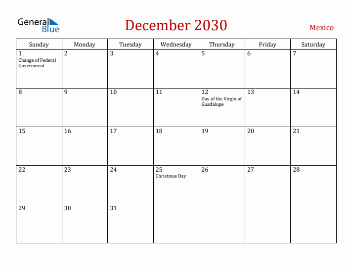 Mexico December 2030 Calendar - Sunday Start