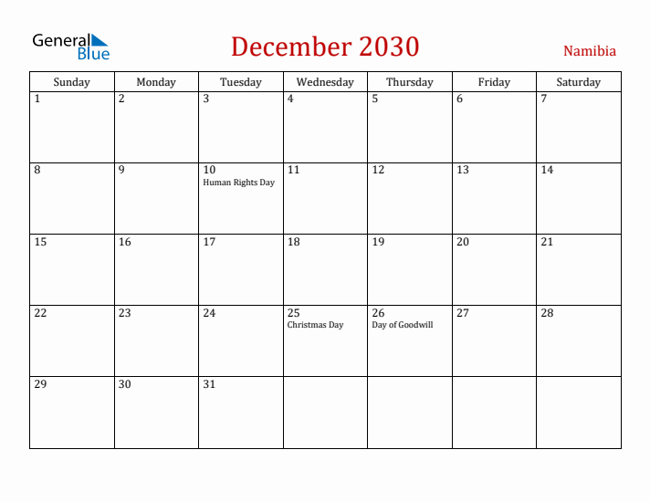 Namibia December 2030 Calendar - Sunday Start