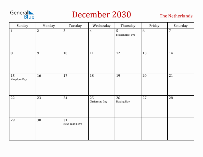 The Netherlands December 2030 Calendar - Sunday Start
