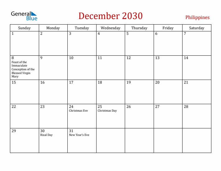 Philippines December 2030 Calendar - Sunday Start