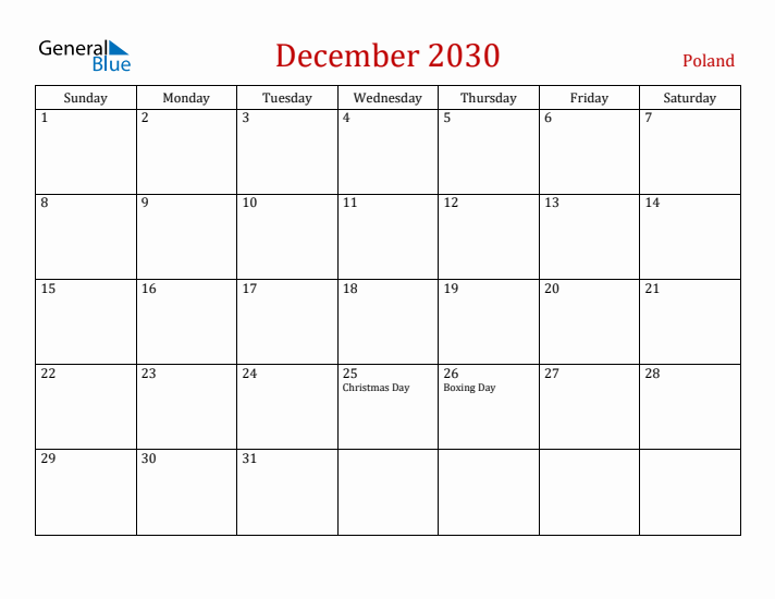 Poland December 2030 Calendar - Sunday Start